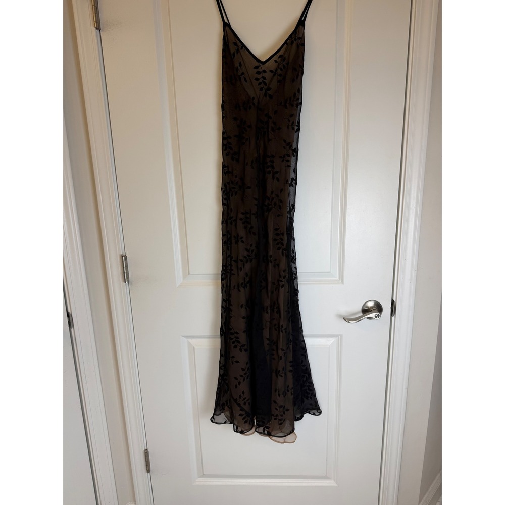 Calvin Klein Black Velvet Leaf Mesh Maxi Slip Dress Tan Lining 26_370 womens M